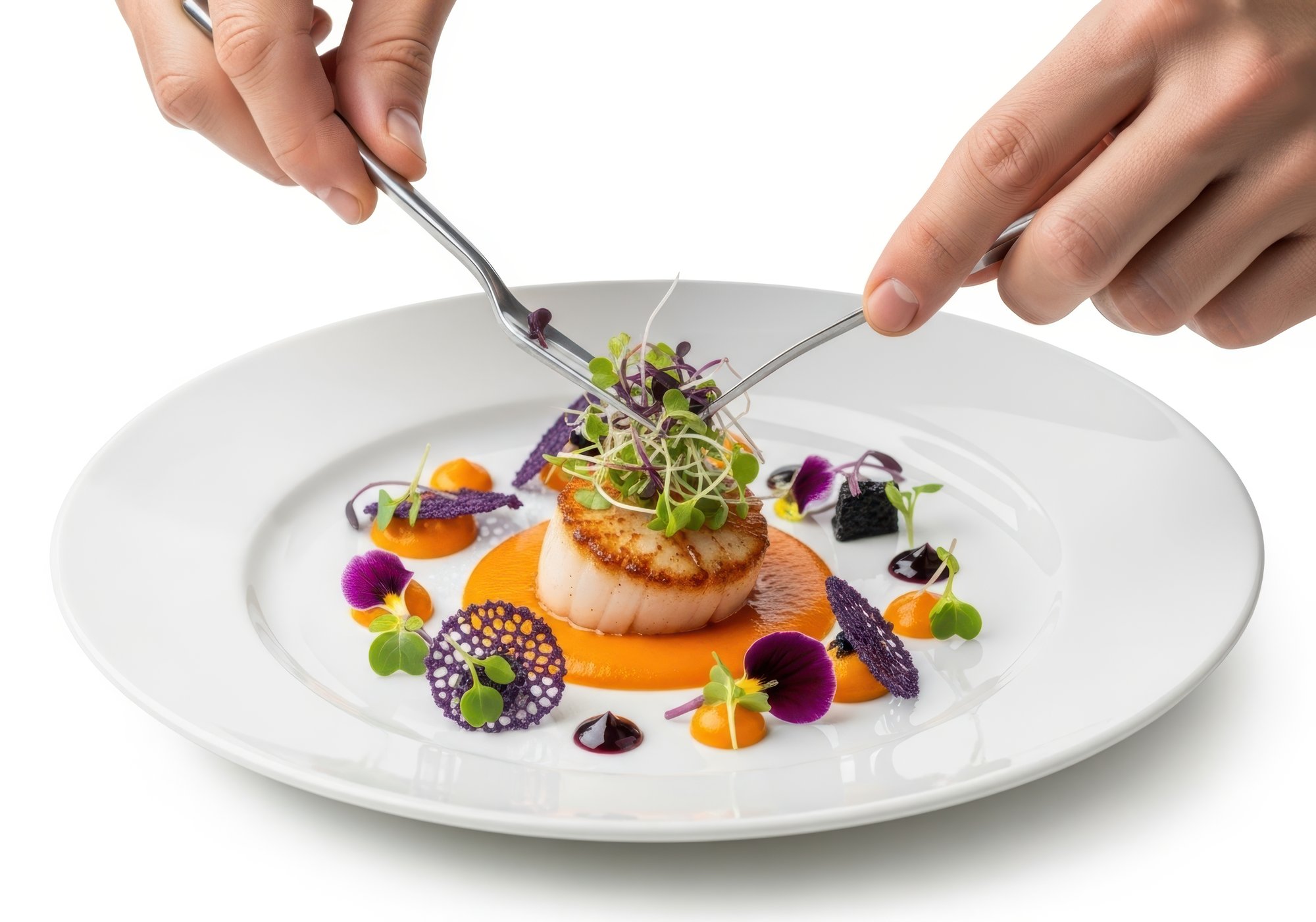 Piatto gourmet preparato con precisione tecnica
