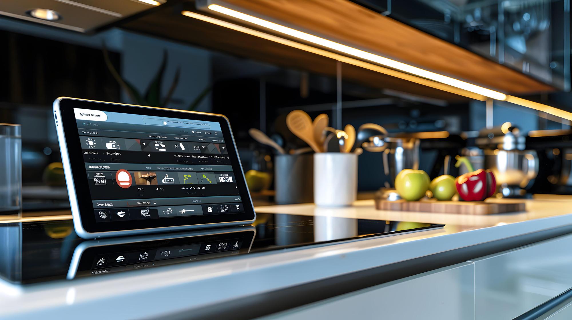 Ampia vista di una cucina-studio con pannelli digitali